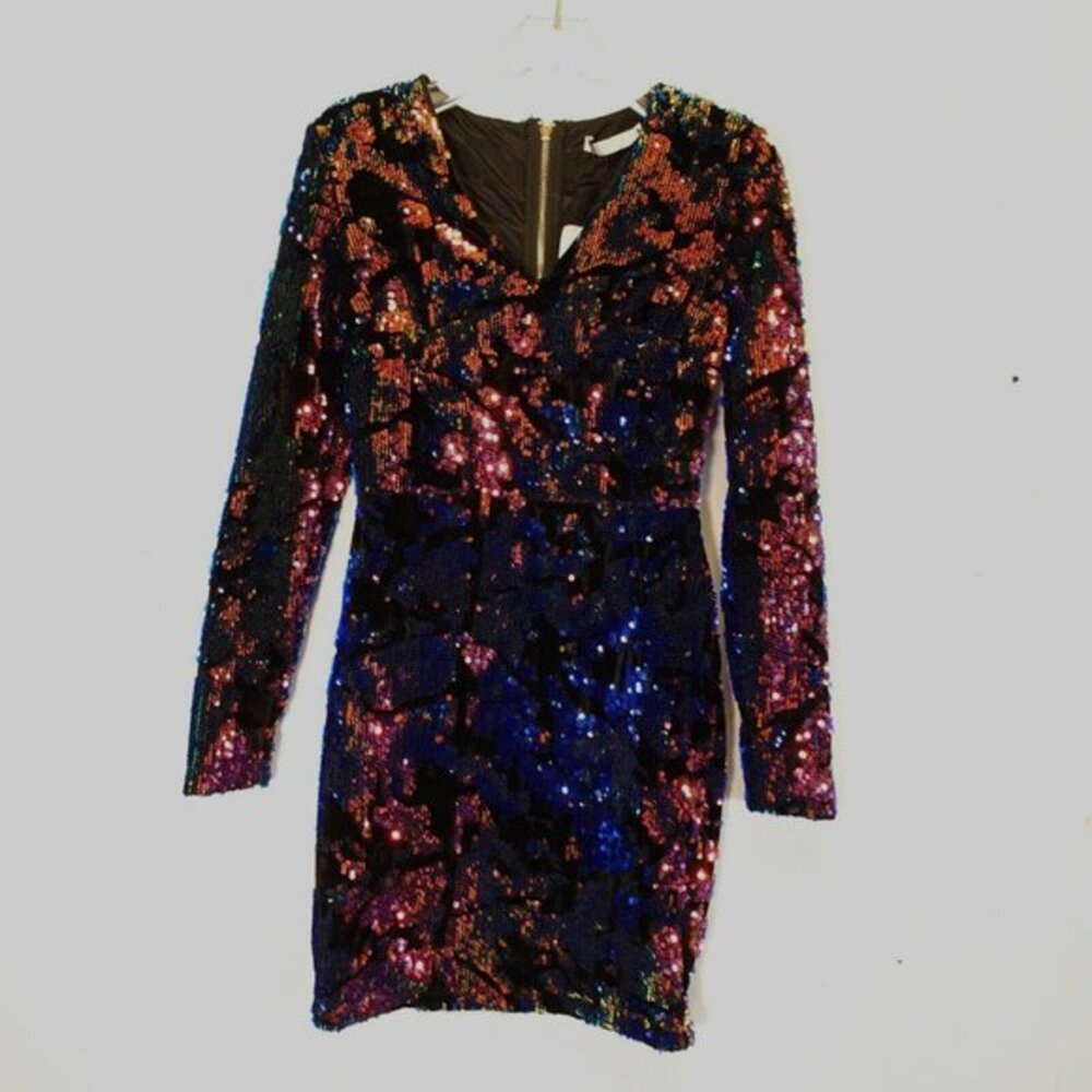 Vera Lucy Dress XS Mini Sequin Allover Cocktail Party Sparkle Copper NEW $168
